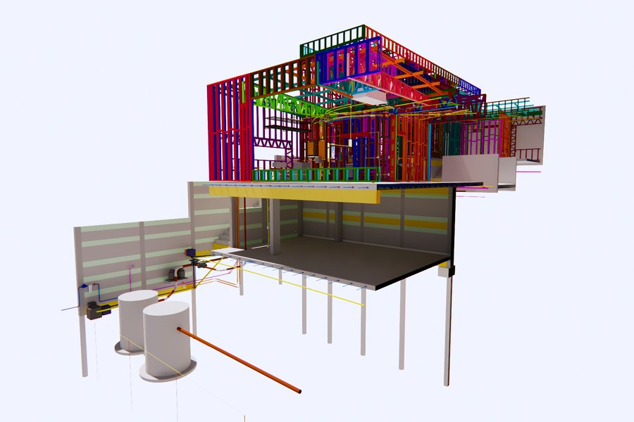 Corte tridimensional de um edifício modelado em BIM, com os pisos e a estrutura
              em light steel frame visíveis.