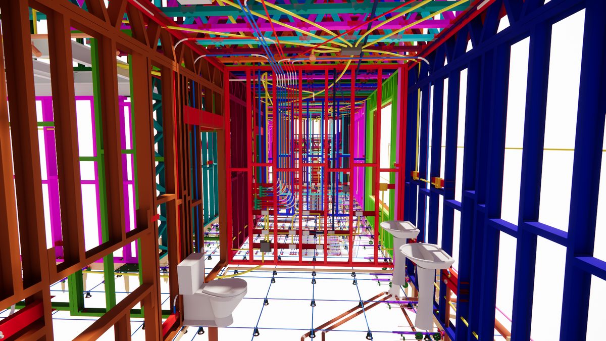 Interior de um modelo BIM em light steel frame: casa de banho com a estrutura de
              perfis e as instalações eléctricas e hidráulicas compatibilizadas, cada sistema a
              uma cor.